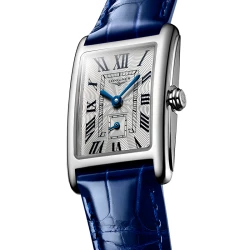 Longines Dolcevita watch with flique dial and quartz movement on a blue leather strap angled view