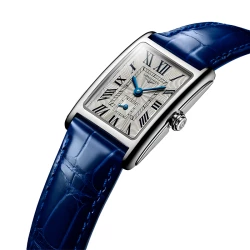 Longines Dolcevita watch with flique dial and quartz movement on a blue leather strap side view