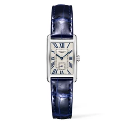 Longines Dolcevita watch with flique dial and quartz movement on a blue leather strap