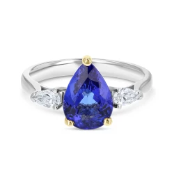 Pear cut tanzanite and diamond white gold ring with yellow gold setting front view