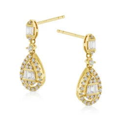 Pear Drop Yellow Gold Diamond Earrings Side Angle View