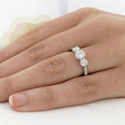 Florentina Skye Platinum 1.70ct Diamond Trilogy Ring on models hand close up