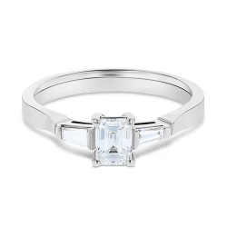 Platinum Emerald & Taper Cut Diamond Ring Flat