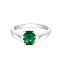 Platinum Octagonal Emerald and Diamond Trilogy Ring Front View