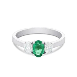 Platinum Oval Emerald and Diamond Three Stone Ring Front View