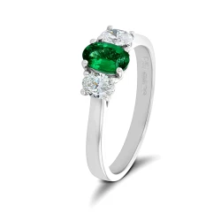Platinum Oval Emerald and Diamond Three Stone Ring