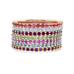 Stack of seven different coloured gemstone rings