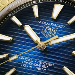 TAG Heuer Aquaracer Professional 200 40mm Yellow Gold with sunray brushed blue dial close up