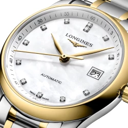 The Longines Master Collection 29mm Mother of Pearl Diamond Dot Dial close up