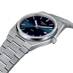 Tissot PRX 40mm Blue Dial Watch upright angled view of dial