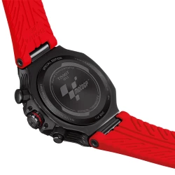 Tissot T-Race MotoGP Chronograph 2023 Limited Edition angled view of back case and red strap