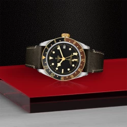 TUDOR Gents Black Bay GMT S&G Black Dial Leather Strap Watch - 41mm
