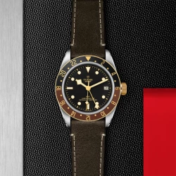 TUDOR Gents Black Bay GMT S&G Black Dial Leather Strap Watch - 41mm