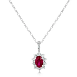 White Gold 0.56 carat Ruby and Diamond Cluster Necklace Close Up