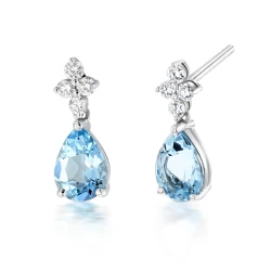 White Gold Aquamarine & Diamond Top Drop Earrings front and side view