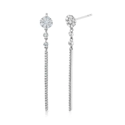 White Gold Diamond Bar Drop Earrings One Facing Front the Second Facing Inwards Left