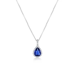 White Gold Pear Cut Sapphire and Diamond Cluster Pendant Necklace