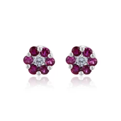 White Gold Ruby & Diamond Flower Earrings