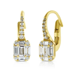 Yellow Gold Baguette Diamond Dangle Hoop Earrings one earring facing front the other angled inwards to the left