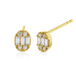 Yellow Gold Baguette Diamond Stud Earrings Front and Side View