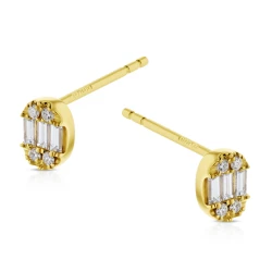 Yellow Gold Baguette Diamond Stud Earrings Side View