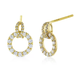 Yellow Gold Diamond Open Circle Drop Earrings Front and Angled View