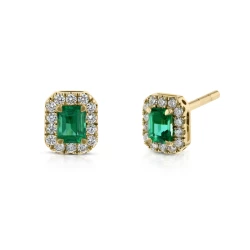 Yellow Gold Emerald and Diamond Cluster Stud Earrings with one to the side