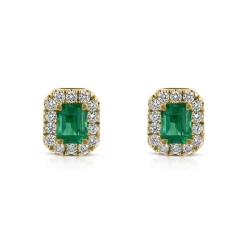 Yellow Gold Emerald and Diamond Cluster Stud Earrings