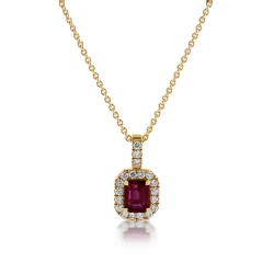 Yellow Gold Emerald Cut Ruby and Diamond Cluster Necklace Close Up Detail