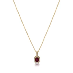 Yellow Gold Emerald Cut Ruby and Diamond Cluster Necklace