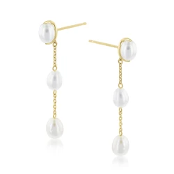 Yellow Gold Freshwater Pearl Chain Drop Earrings side view
