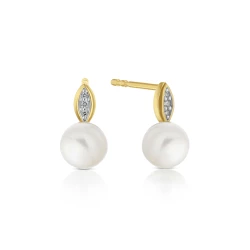 Yellow Gold Marquise Diamond Top Freshwater Pearl Earrings Angled