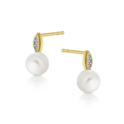 Yellow Gold Marquise Diamond Top Freshwater Pearl Earrings Side