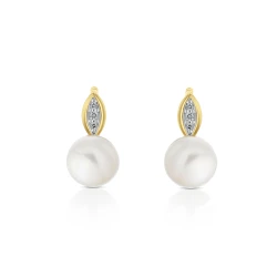 Yellow Gold Marquise Diamond Top Freshwater Pearl Earrings