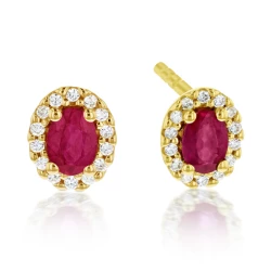 Yellow Gold Oval Ruby & Diamond Stud Earrings angled view