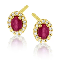 Yellow Gold Oval Ruby & Diamond Stud Earrings side view