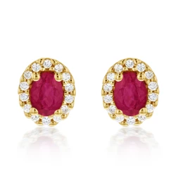 Yellow Gold Oval Ruby & Diamond Stud Earrings
