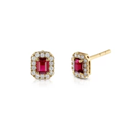 Yellow Gold Ruby & Diamond Cluster Stud Earrings Angled View