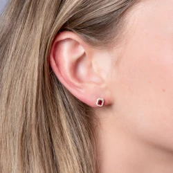 Yellow Gold Ruby & Diamond Cluster Stud Earrings Side earring post view