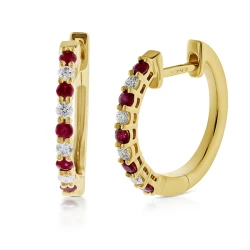 Yellow Gold Ruby & Diamond Hoop Earrings Front and Angled View