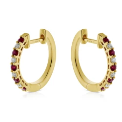 Yellow Gold Ruby & Diamond Hoop Earrings Outward Angle View