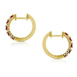 Yellow Gold Ruby & Diamond Hoop Earrings Side View