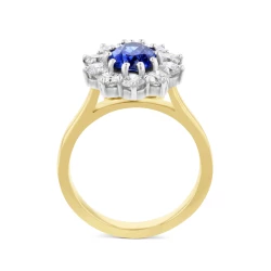Yellow Gold Sapphire and Diamond Cluster Ring Upright