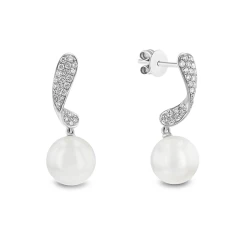 Yoko Classic Collection 18ct White Gold Freshwater Pearl & Diamond Swirl Drop Earrings