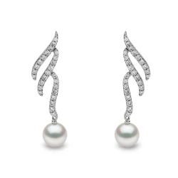 Yoko London Sleek Collection 18ct White Gold Akoya Pearl & Diamond Waves Drop Earrings