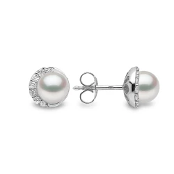 Yoko Trend Collection 18ct White Gold Freshwater Pearl & Diamond Curve Side Stud Earrings