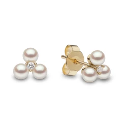Yoko Trend Collection 18ct Yellow Gold Freshwater Pearl & Diamond Trefoil Design Stud Earrings