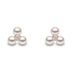 Yoko Trend Collection 18ct Yellow Gold Freshwater Pearl & Diamond Trefoil Design Stud Earrings