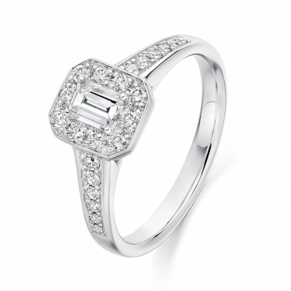 Platinum & Emerald Cut Diamond Halo Style Ring - 0.30ct