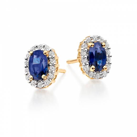 18ct Yellow Gold Oval Sapphire & Diamond Cluster Earrings